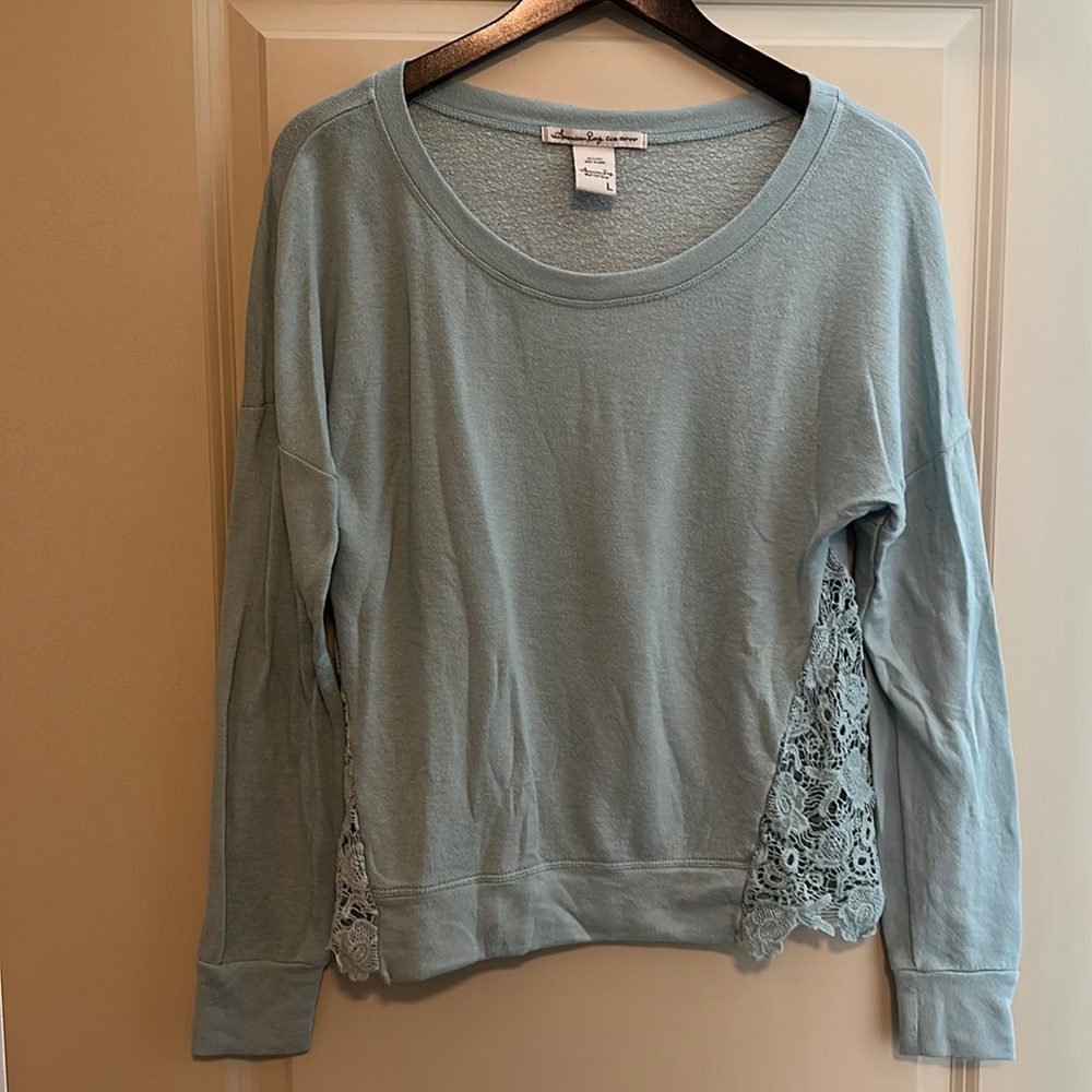 American Rag Light Blue Sweater with Crochet Cutouts, size L